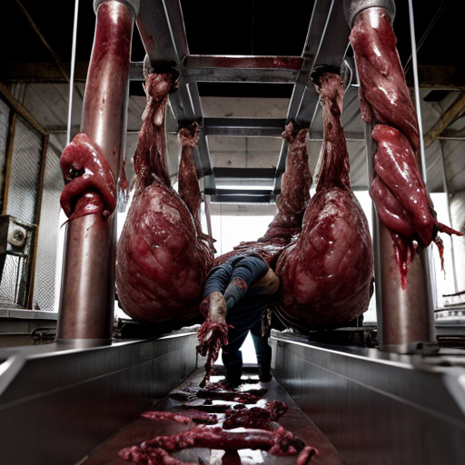 Photorealistic cinematic horror still, grim industrial human abattoir processing facility, blood-drenched concrete walls with exposed rusty pipes and flickering fluorescent lights, long conveyor belt carrying piles of naked flayed human corpses with realistic wet muscle tissue, exposed bones, and glistening blood, scattered entrails and meat chunks on the floor, workers in stained overalls and hard hats handling hooks and bodies with exhausted or horrified expressions, hanging dismembered torsos on overhead meat rails, massive background machinery like giant grinders, visceral body horror and industrial decay, inspired by Texas Chain Saw Massacre, David Cronenberg, H.R. Giger biomechanical style, and Goya's grotesque paintings, ultra-detailed textures, subsurface scattering on skin and blood, cinematic volumetric lighting, raw photorealism, 8k, horror atmosphere --ar 3:4 --stylize 50