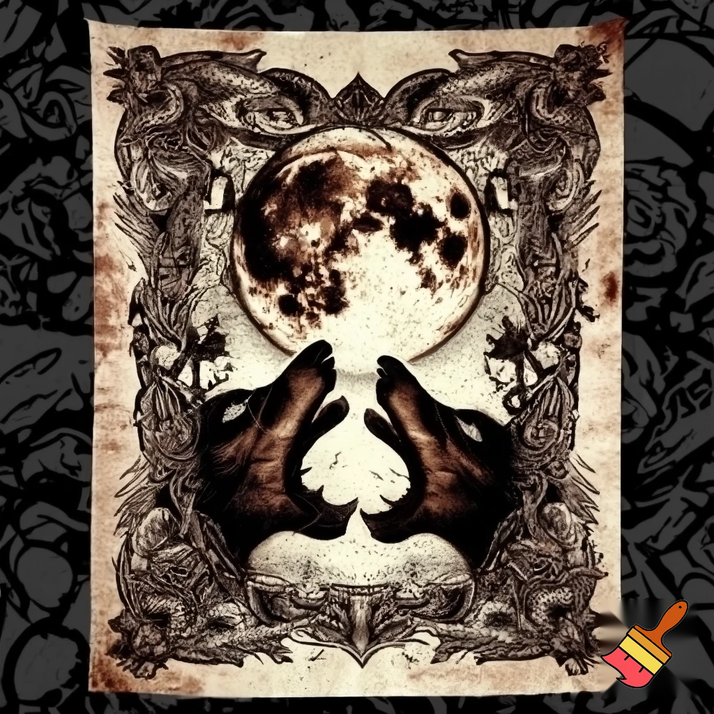 A gothic vintage illustration design for a blanket. A large, intricately detailed full moon with deep visible craters dominates the top center, casting a dramatic presence. Below it, two realistic wolf heads face each other in profile, illustrated in a dark sepia and black fine-line engraving style with sharp linework and intense shading. Surrounding the scene is an ornate gothic border featuring baroque scrolls, thorny vines, wilted roses, crescent motifs, and small occult-style stars. The overall palette remains limited to sepia, black, and cream, with a distressed aged-paper texture to enhance the antique gothic mood. Solid fills only — no gradients, no glow, no shadows, no modern effects. The final result should feel dark, mystical, ceremonial, and heavily gothic, perfect for a dramatic blanket design.