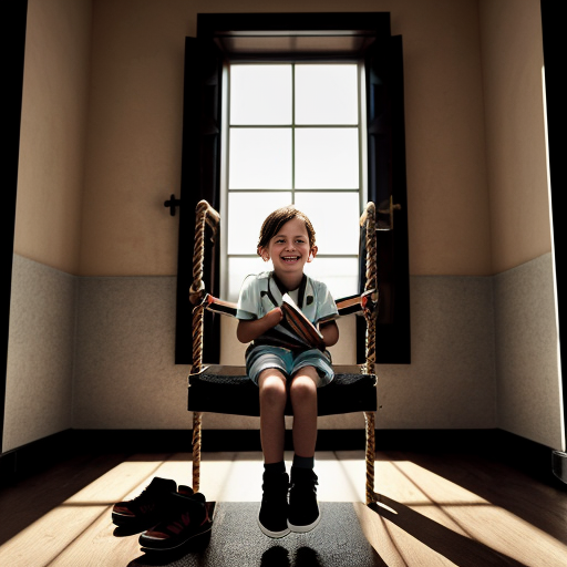 A touching painting split into two parts. Bottom half: a tired but hopeful child laborer (age 10-12) sitting at a street corner with shoeshine box, wearing simple clothes, dark gray and brown colors. Top half: magical window opening above the child showing colorful dreams - child studying at school, child playing on a swing, child with loving family celebrating birthday, child becoming a doctor. Warm golden light beams from dreams onto the child's face. A small bird sitting nearby. Contrast between dark reality and bright dreams.