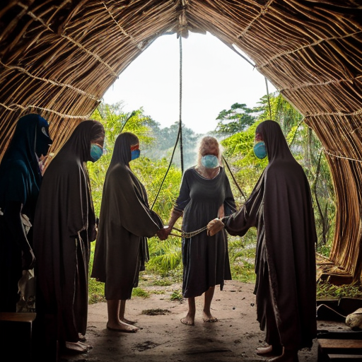 Her mother, Yura, had hidden her in the root cellar beneath their hut, wrapping her in damp cloth to mask her scent. It was a desperate act, born not of rebellion, but of love. She knew the price. She had known it since she was a child herself.
As the sun struck the altar’s peak, the elders emerged from the jungle, silent and skeletal, their bone masks glinting in the dying light. They did not speak. They did not search. They simply turned to Yura.
She did not run.
She stepped forward, arms raised, wrists bare.
But the elders did not stop at her.
They took her sister. Her cousin. Her niece.
Four women, bound together at the altar, arms stretched, wrists strung high. A chain of blood and defiance.
And then, from the jungle, came the sound.
Not a roar.
A breath.
A low, seismic exhale that made the trees bow and the villagers fall to their knees.
Kong had come.
But not for worship.
For judgment.