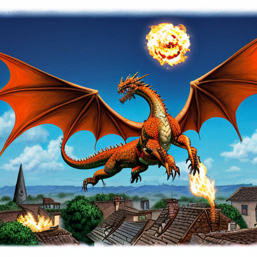Draw me a mythological dragon flying through the sky above a village, breathing fire on the houses