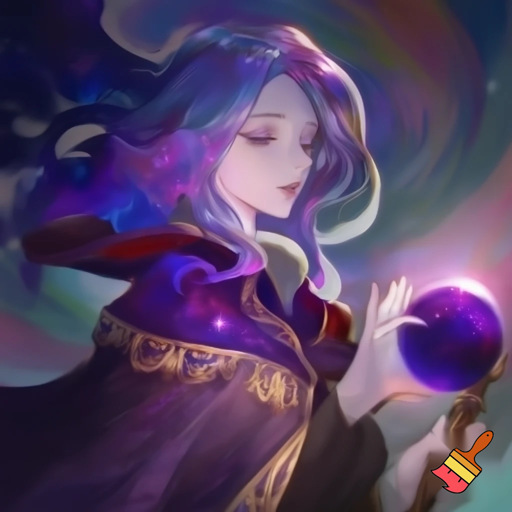 Anime style. Pale woman with medium length, wavy galaxy hair. Pale. Medium dark purple eyes. Wearing a wizard’s cloak. Holding a wooden staff with a dark purple orb at the top. 