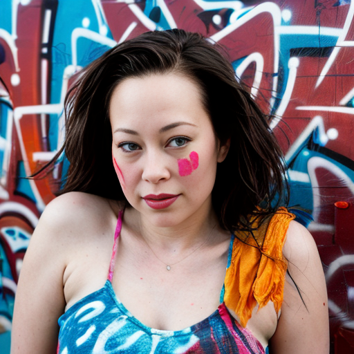 Jennifer Tilly young beach visitor in red bright high key, chaotic graffiti style landscape