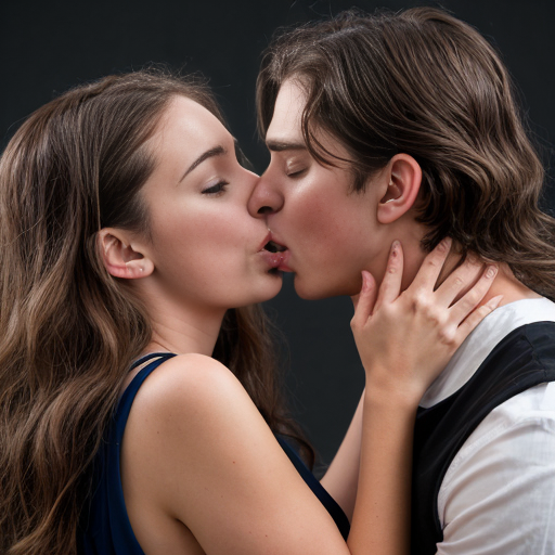 young woman with long brown wavy hair and dress and young man snogging on the mouth