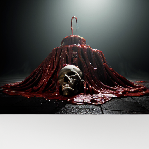 Photorealistic horror scene, cinematic masterpiece, 8k ultra-detailed photograph. A massive grotesque hanging structure dominates the frame: a giant inverted demonic skull fused with bloody, dripping organic flesh and viscera, suspended from a thick, twisted, fleshy organic chain or tentacle that disappears into the dark foggy sky above. The skull has glowing red eyes, sharp teeth, and is covered in raw muscle tissue and sinew. Thick streams of realistic blood and gore drip heavily from the entire structure. Below it, a large altar-like mound covered in flowing, draped, wet red organic tissue resembling flesh and fabric mixed together. The ground is completely covered in a chaotic sea of writhing, intertwined bloody tentacles, veins, raw flesh, and piles of human skulls and corpses. Dense blood-red fog and mist in the air. Two small glowing red lights visible in the distant background. Dark, hellish atmosphere with strong red lighting casting dramatic shadows and highlights on the wet, glistening surfaces. Hyper-realistic textures on blood, flesh, bone, and organic materials, sharp focus, volumetric god rays, gritty disturbing mood, photorealistic, national geographic level realism, no censorship