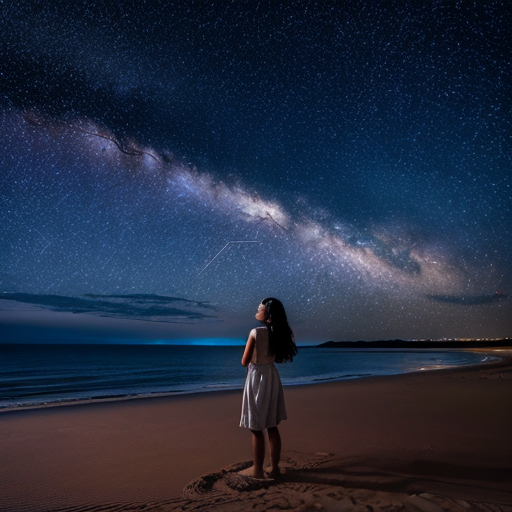 A girl amidst the sand, with the sea before her, gazing at the stars
