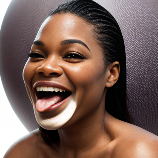 Actress Nia Long a long hair as a spherical shape inflated like a balloon a gigantic rounded chocolate ball body overinflated Her body is exaggeratedly rounded, forming a sphere, with no visible definition of limbs. she was being eaten and ripped by the giant human mouth of the mouth background giant white human face male mouth her body inside the giant mouth being eaten, biting and ripped and devoured by a giant human mouth background . The style is surreal and comedic, with a digital or graphic manipulation aesthetic. The lighting is even and diffused, casting no strong shadows. The image is presented from a slightly high-angle perspective, emphasizing the exaggerated spherical form