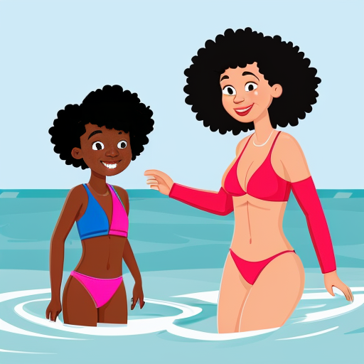Two young small girls, one with dark skin, black curly hair and red two-piece swimsuit, and the other with light skin, blonde straight hair and blue two-piece swimsuit, they are playing in the sea, cartoon-style animation 