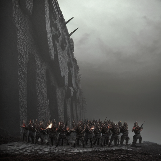  dark fantasy: a grim band of dwarves in battered iron armor, caked with mud and frost, strain at the winch of a colossal ballista crafted from blackened oak and corroded iron at the foot of a somber mountain fortress; a massive crossbow bolt with a jagged iron tip launches from the weapon's frame with a splintering crack, soaring upward through low-hanging grey clouds toward a colossal dragon with scales the color of weathered basalt and broken horns, hovering in the mist above a deep ravine; the dragon's leathery wings stretch wide, its eyes glowing with a dull crimson light in the gloom; around the dwarves—wet stone walls slick with moisture, fog clinging to battlements, raindrops dripping from thick beards; cold color palette: slate grey, charcoal black, deep moss green, muted burgundy; cinematic low-angle shot, stark chiaroscuro lighting, atmosphere of desperation and grim resolve, highly detailed textures of rusted metal and damp stone, no text on image