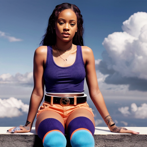Rihanna orange tanktop belt blue short mini purple socks orange and white sneakers on a sitting cloud in the Sky 
