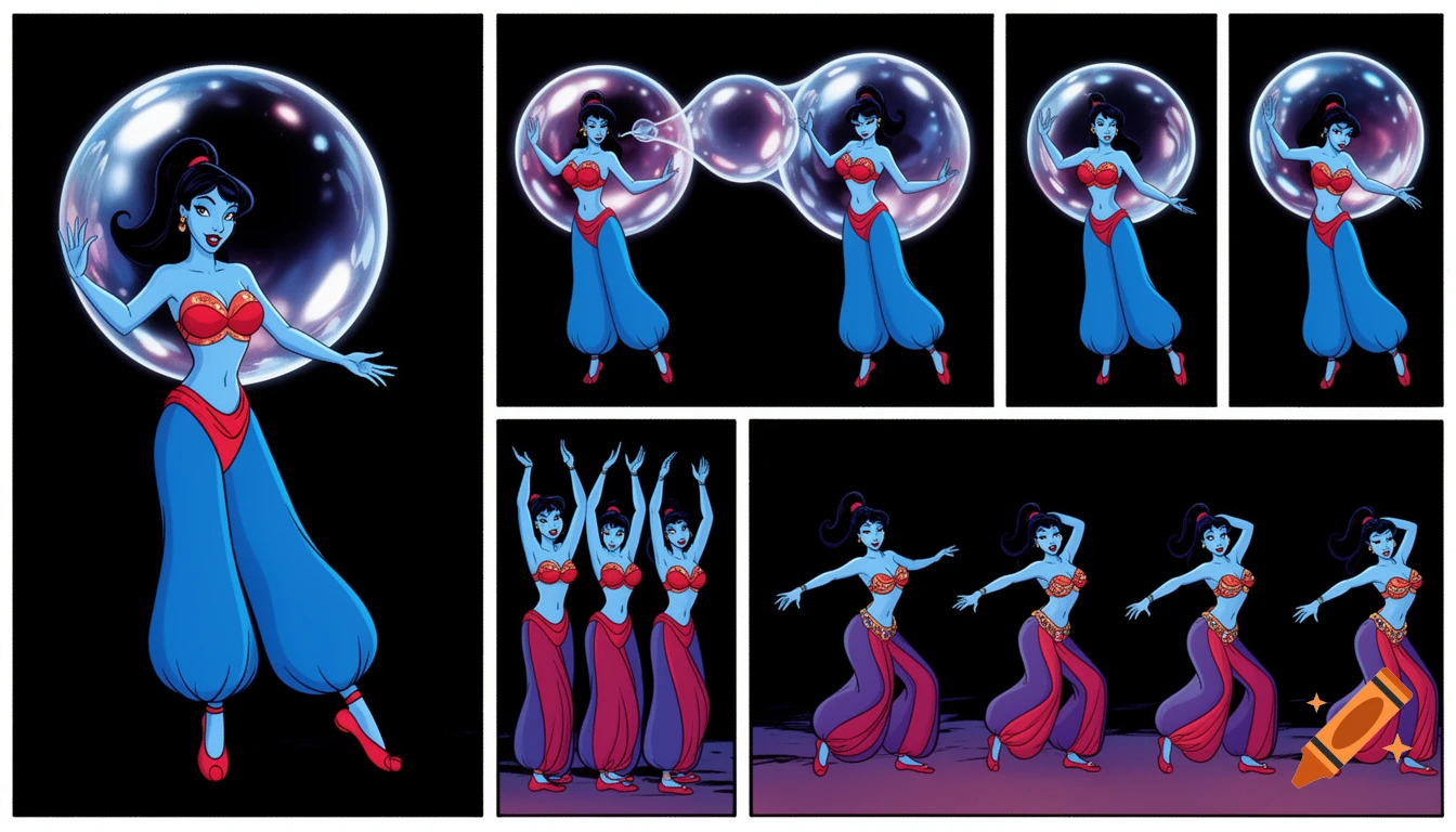 90's disney's 2d aladdin style comic black background and panels of panel 1 giant bubble that transforms into a black haired ponytail woman  with blue skin, blue harem pants red bra and red sash and red curved slippers. 
Panel 2 the blue skinned black haired ponytail woman with blue harem pants red bra and red sash and red slippers then blows a second bubble that transforms into another black haired ponytail woman with blue skin,blue harem pants, red bra and red sash and red slippers. 
Panel 3 then the second black haired ponytail blue skinned woman with blue harem pants and red bra and red sash and red curved slippers then blows a third bubble that transforms into the third black haired ponytail woman with blue skin, blue harem pants and red bra and red sash and red curved slippers. 
Panel 4 and then the third black haired ponytail woman with blue skin, blue harem pants and red bra and red sash and red curved slippers then blows a fourth bubble that transforms into the fourth black haired ponytail woman with blue skin blue harem pants and red bra and red sash and red curved slippers. 
Panel 5 Then the four black haired ponytail women with blue skin , blue harem pants, red bra and red sash and red curved slippers then raising their arms and hands together  
panel 6 and the four Black hair ponytail women with blue skin ,blue harem pants red bra , and red curved slippers swaying their hips. 
Panel 7 then the belly bugles of the four black haired ponytail Women with blue skin, blue harem pants, red bra and red sash and red curved slippers merging and fusing together and swelling. 