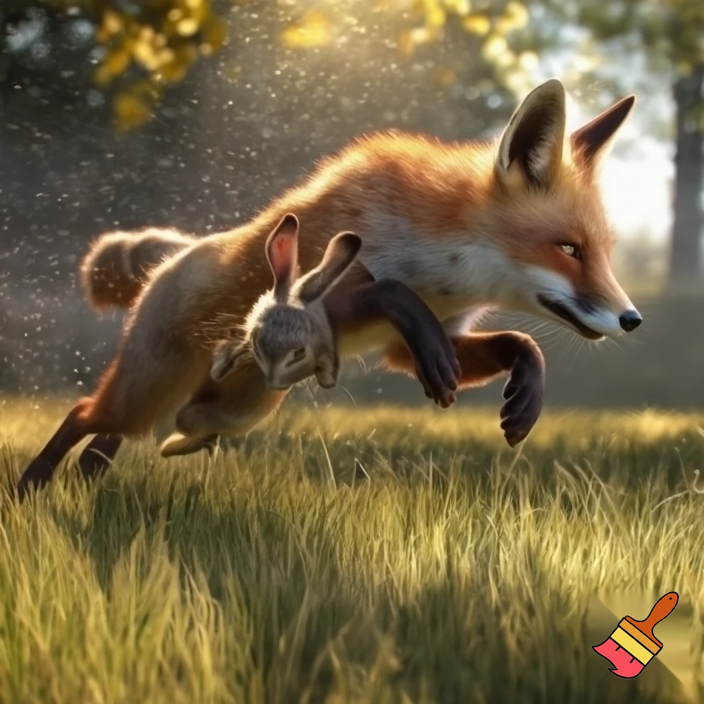 a realistic detailed photo of a fox chasing a a bunny