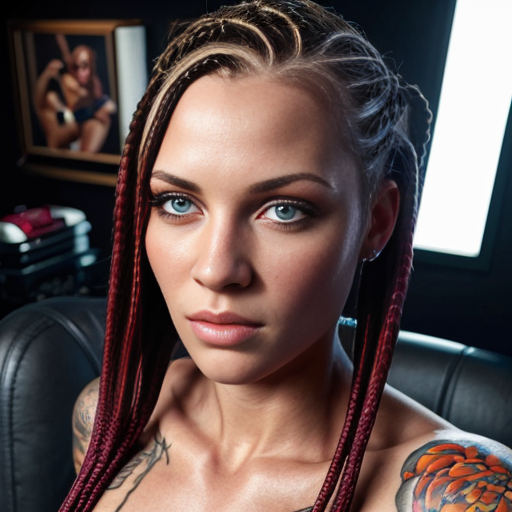 Muscle women  dark red cornrows dark green eyes tattoos