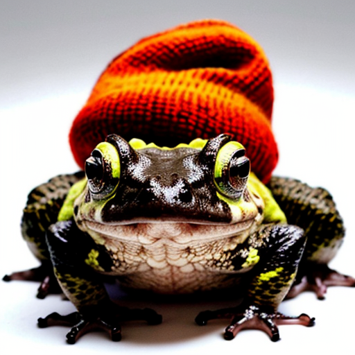 A laughable, puzzled animal toad in woolen, multicoloured winter clothings with woolen winter cap. Hyperrealistic style.