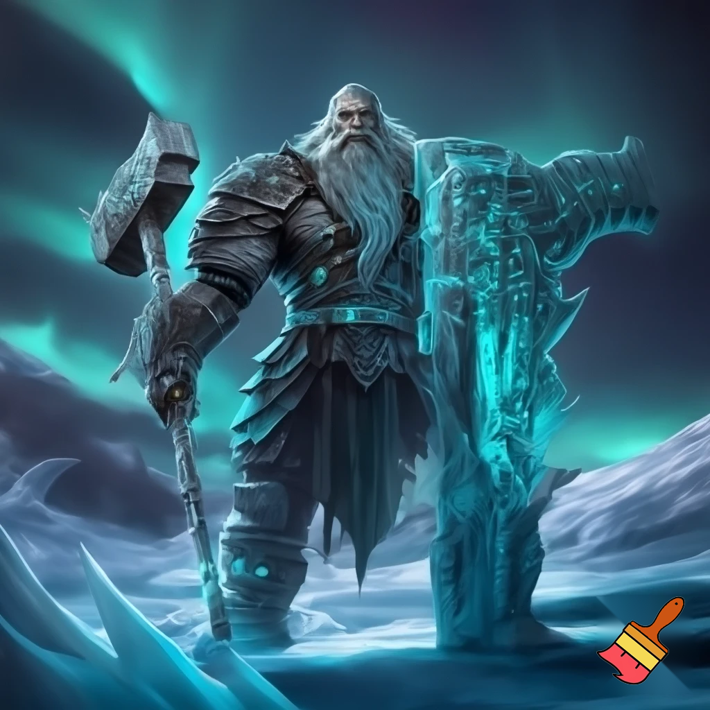 Draw a mythical warrior called Jatorr ice hammer 