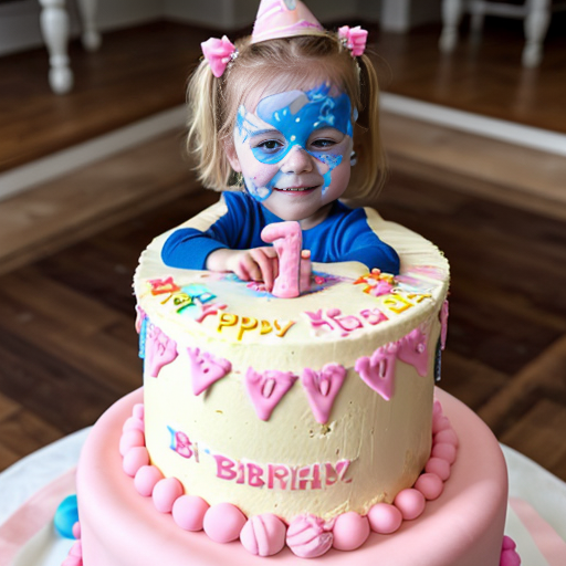 create a 2 year old daughter with blonde hair with blue eyes in pink on her birthday in front of a cake at a house 