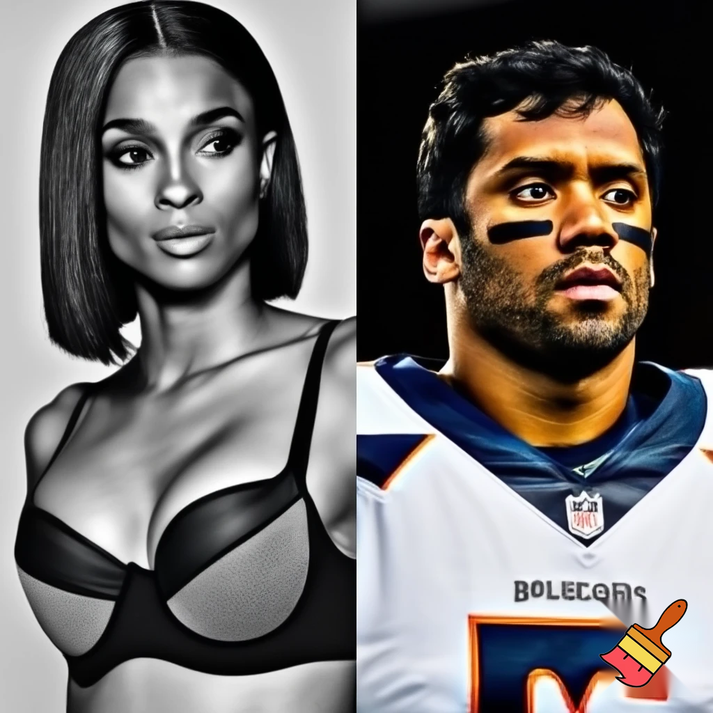 Ciara with a black sleek middle part bob hair wearing a grey and black bra and Russell Wilson wearing a football jersey in a black and white Vogue photograph 