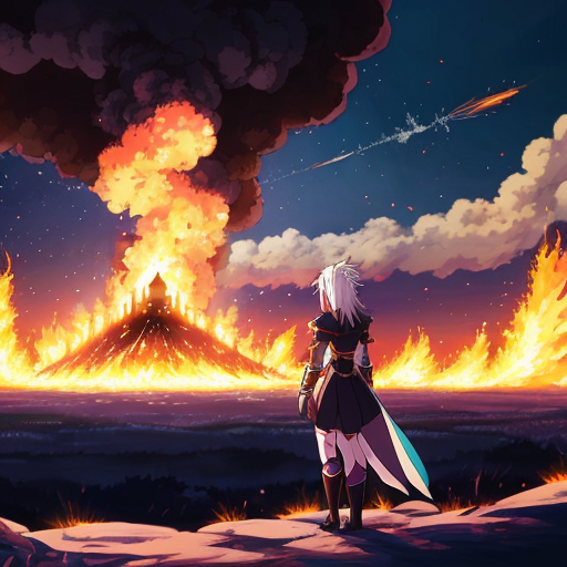 young, tall, white-haired woman in armor stands in front of a burning castle into which meteorites are falling.