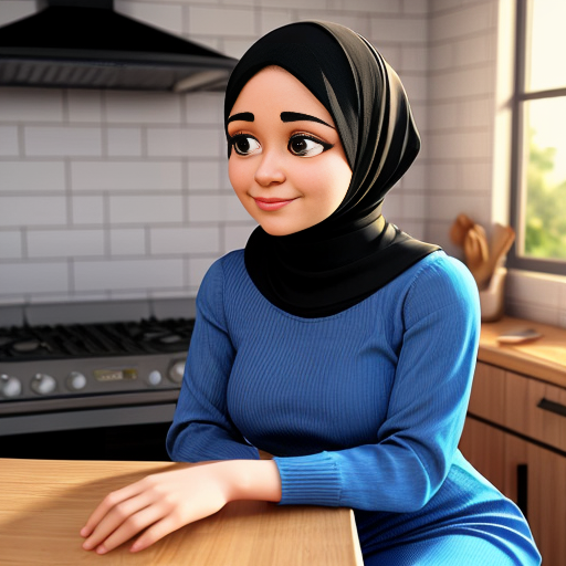 Мультяшный 3D стиль Pixar, упрощённые мультяшные черты, яркие дружелюбные цвета, уютная кухня. Мусульманская мама 35-40 лет, полностью покрыта голубым платьем, которая не выделяет широкое платье, округлое мультяшное лицо, большие простые глаза, готовит на плите. Сын, 20 лет, синяя толстовка, чёрные джинсы, короткая мусульманская причёска, мультяшное лицо, большие выразительные глаза, сидит за столом. Постоянный персонаж, одинаковая одежда и причёска, повторяемый дизайн персонажа, кинематографическое освещени.
