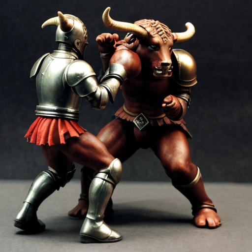 Minotaur fighting men in armor
