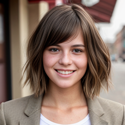 A young, light-skinned woman is positioned in the center of the frame, smiling broadly with her head tilted slightly. She appears to be in her early twenties. Her short, choppy hair is red-brown color. She's wearing a light olive blazer over a white t-shirt. The woman has a slender build.
her skin is heavily speckled with numerous, small freckles, a prominent feature that covers her face, including the forehead, cheeks, nose, and chin. The environment has a casual, bright feel. The perspective is at eye-level. The composition is well-balanced, emphasizing the subject's cheerful xpression. The lighting is soft, highlighting the colors of her clothing and hair. The style is contemporary and youthful