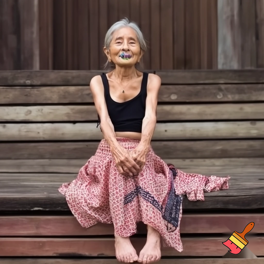 A 13 yar old girl that has a crop top braces and is barefoot