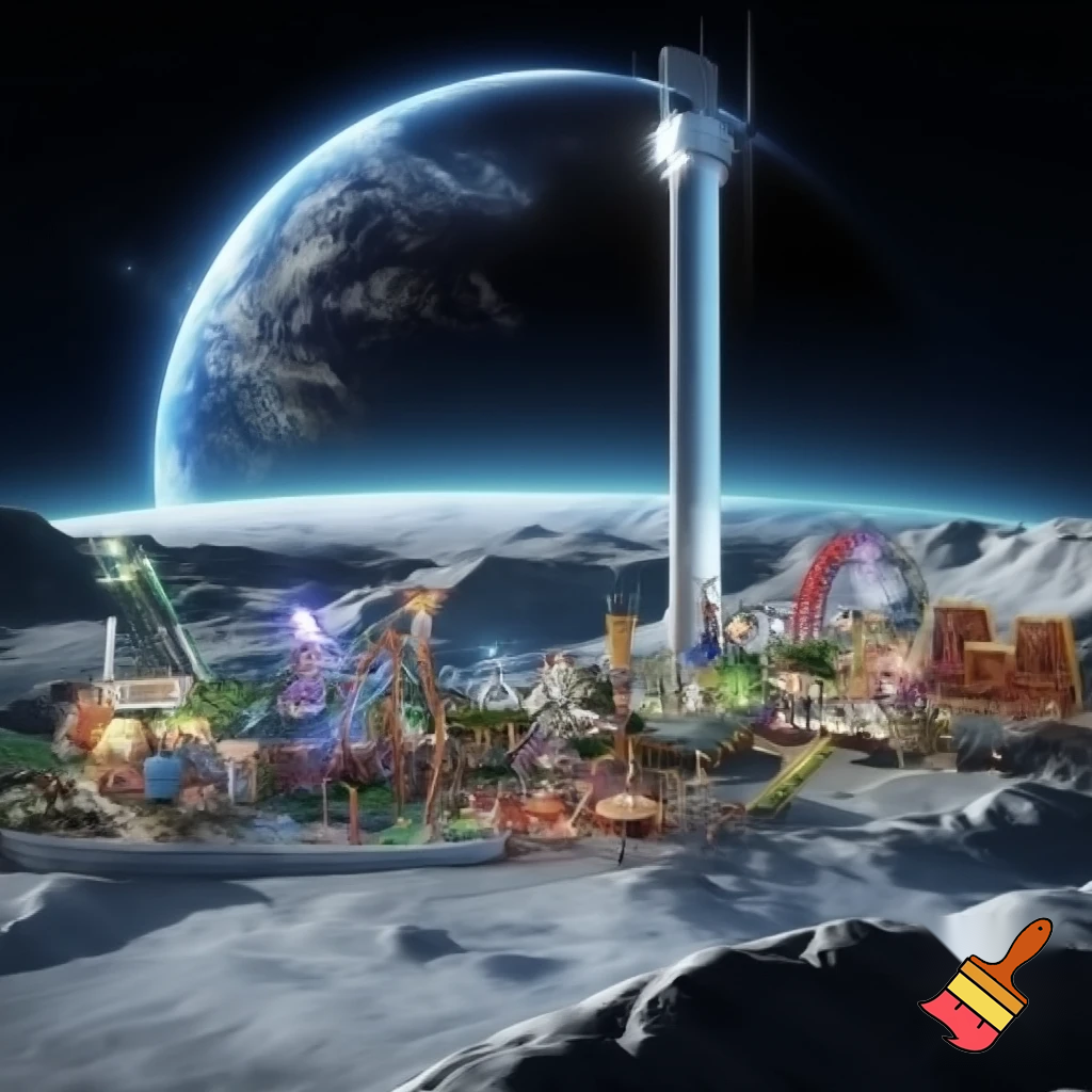 can you you make an amusement park on the moon with a giant advanced elevator from earth to the moon. The amusement PARK has playgrounds, rides, KFC, McDonald's, taco bell, chjipotle