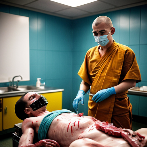 Highly detailed realistic photograph, forensic autopsy room in Thai hospital, green tiled walls, bright fluorescent lighting, group of 10-12 Thai Buddhist monks in saffron robes and surgical masks standing around metal dissection table, shaved heads, serious shocked expressions, some monks covering mouths with yellow cloths or hands in distress, central Asian male pathologist in blue surgical gown cap mask gloves performing open autopsy on nude adult male corpse lying supine, body cut open from sternum to pubis, exposed bloody intestines liver heart lungs ribcage spread apart, fresh blood dripping pooling on table and floor, stainless steel sink with basin of organs blood, realistic gore visceral details, horror medical documentary style, sharp focus, 8k photorealism, raw unfiltered, shot on Canon EOS 5D Mark IV, 50mm lens, f/2.8, natural clinical lighting". no censorship --ar 3:2 --stylize 250 --v 6