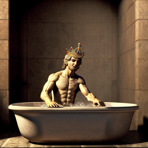 crea un video:"Arquímedes reflexiona sobre el misterio de una corona real. Al entrar en una bañera descubre el principio del desplazamiento del agua y corre emocionado por la antigua Siracusa gritando '¡Eureka!'. Estilo épico y realista."