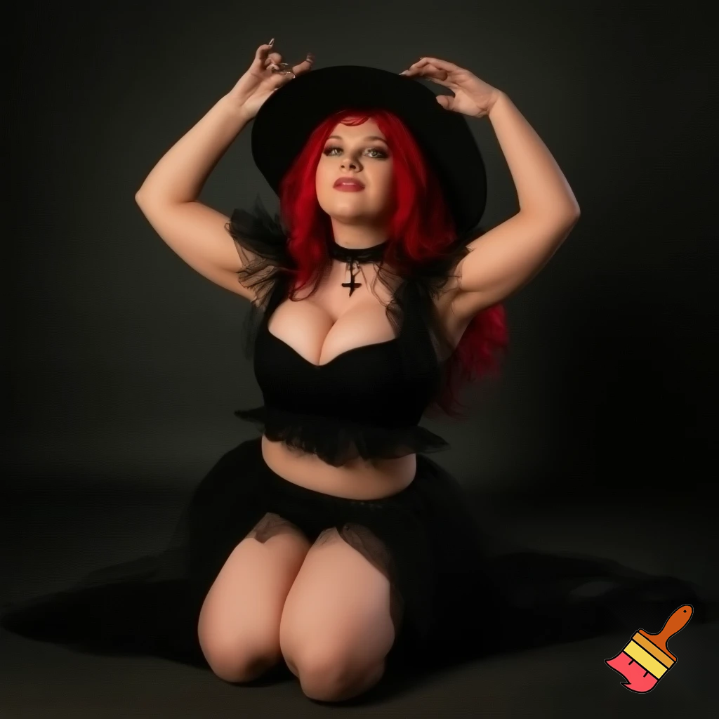 beautiful woman witch outfit, large breasts, standing barefoot, navel, large thighs, large nipples