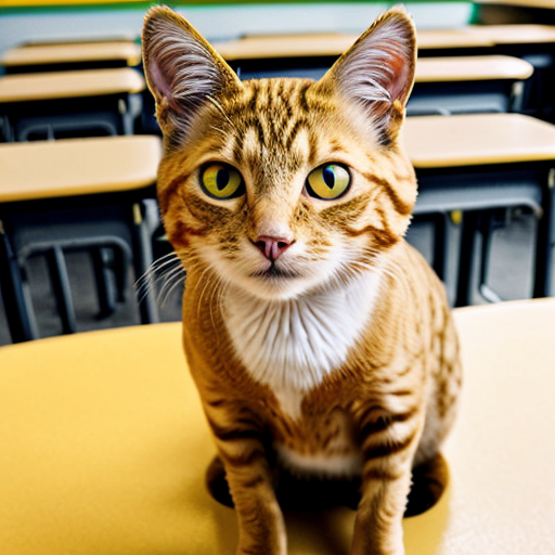 a yellow cat says here in school