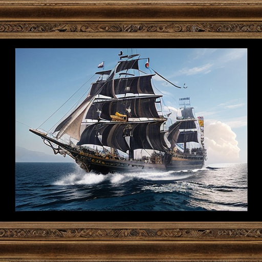 Pirate ship with pirates attacking another ship. Firing cannons and guns. Long cutlasses, peg legs and eye patches
  