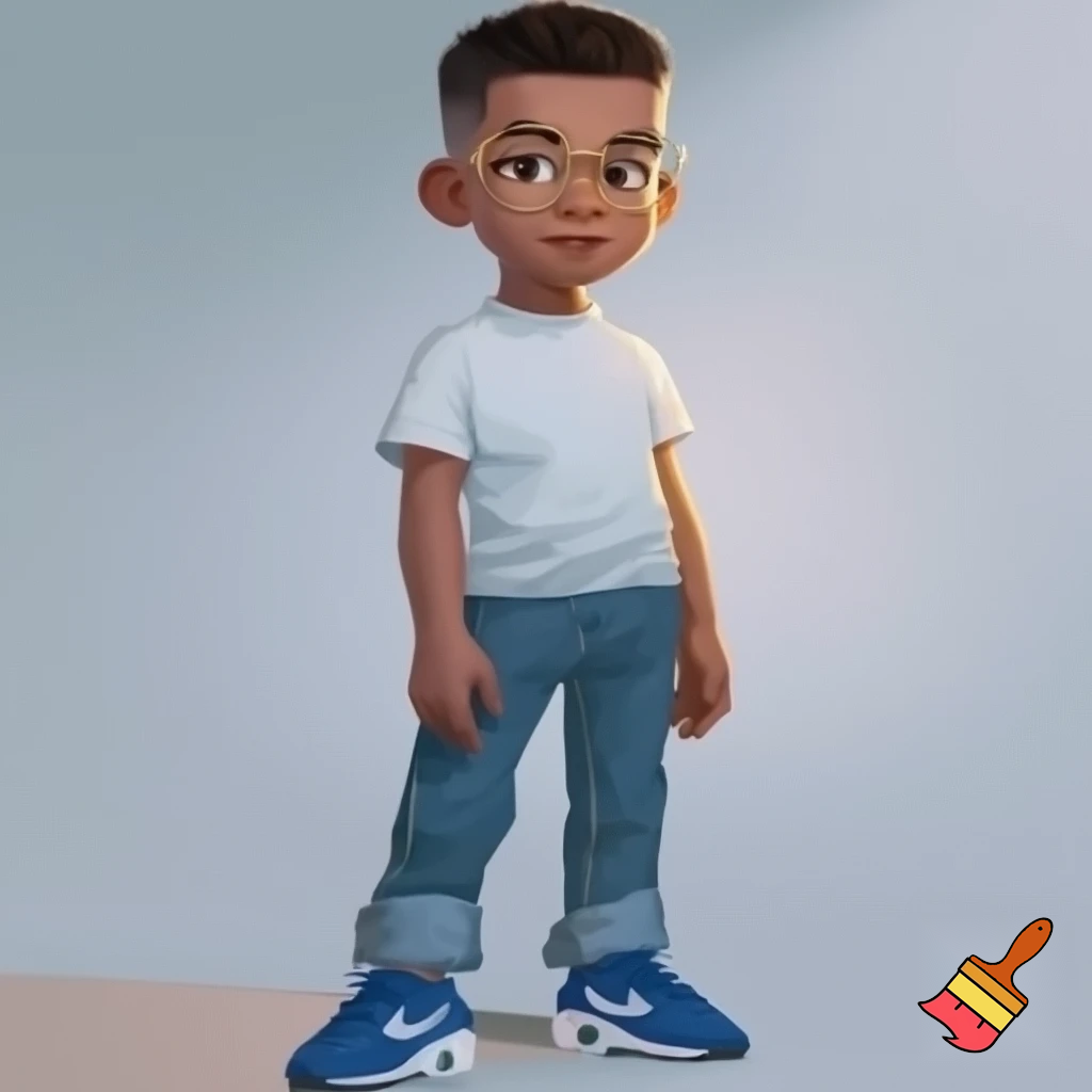 a boy standig he has a white skin coulor and black short hair he has bleu geans and a white bloes and bleu airmax shoes and he is whereing gold glasses and he is 12 years old and his hair is fully black and he is a bit taller and his skin is super light brown



