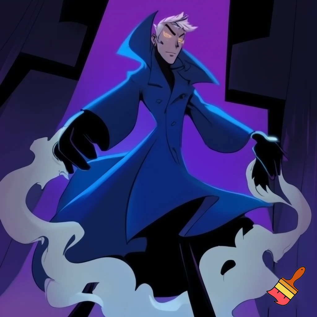 Percival from Vox Machina in the cartoon style of hazbin hotel wearing his signature blue overcoat with smoke curling around him