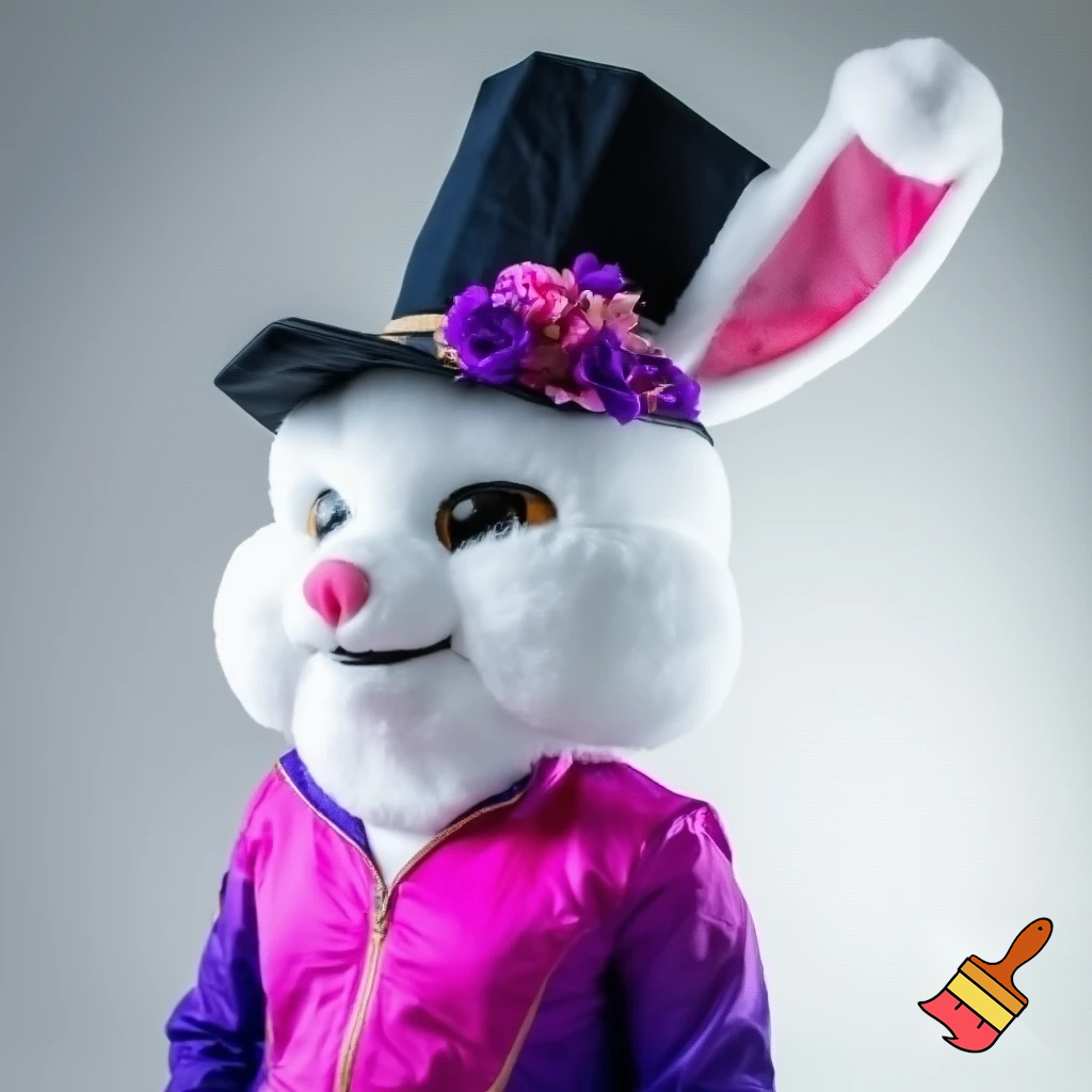 Easter bunny mascot costume top hat a colour face jacket purple and pink pink, purple and pink and gold purple and pink and gold