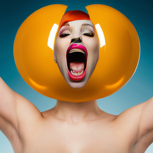 Singer Hayley williams a long hair as a spherical shape inflated like a balloon a gigantic rounded chocolate ball body overinflated Her body is exaggeratedly rounded, forming a sphere, with no visible definition of limbs. she was being eaten and ripped by the giant human mouth of the mouth background giant white human face male mouth her body inside the giant mouth being eaten, biting and ripped and devoured by a giant human mouth background . The style is surreal and comedic, with a digital or graphic manipulation aesthetic. The lighting is even and diffused, casting no strong shadows. The image is presented from a slightly high-angle perspective, emphasizing the exaggerated spherical form.