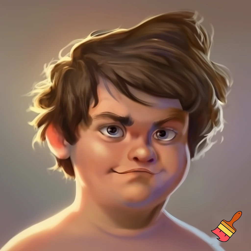 A 13 year old overweight boy with thick brown hair cut into a shape of toilet brush