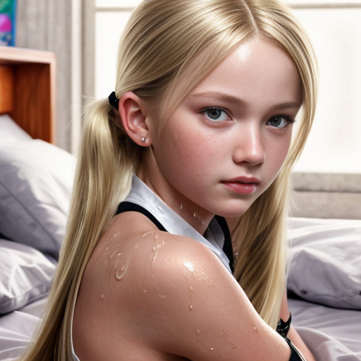 teen girl with blond twin tail hair and red eyes at bed. watercolor painting by artgerm and greg rutkowski and alphonse mucha, middle school, elementary , rain, wet,