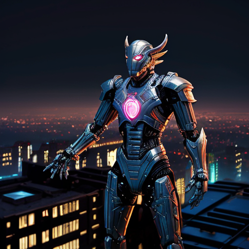 A powerful superhero wearing advanced dragon armor fusion of fantasy and futuristic technology, mechanical wings, glowing chest core reactor, dragon scale metal plating, heroic stance on a futuristic city rooftop at night, neon lights, cinematic atmosphere, volumetric lighting, ultra detailed, concept art, 4k