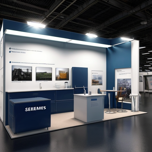  Crée moi un visuel d'un stand Siemens, dans un style réel, dans une ambiance salon avec du monde dans les allées. avec lumière artificielle. Dans un hall qui se trouve dans le parc des expositions de la porte de versailles à paris. en premier plan un panneau avec des produits siemens sur notre stand