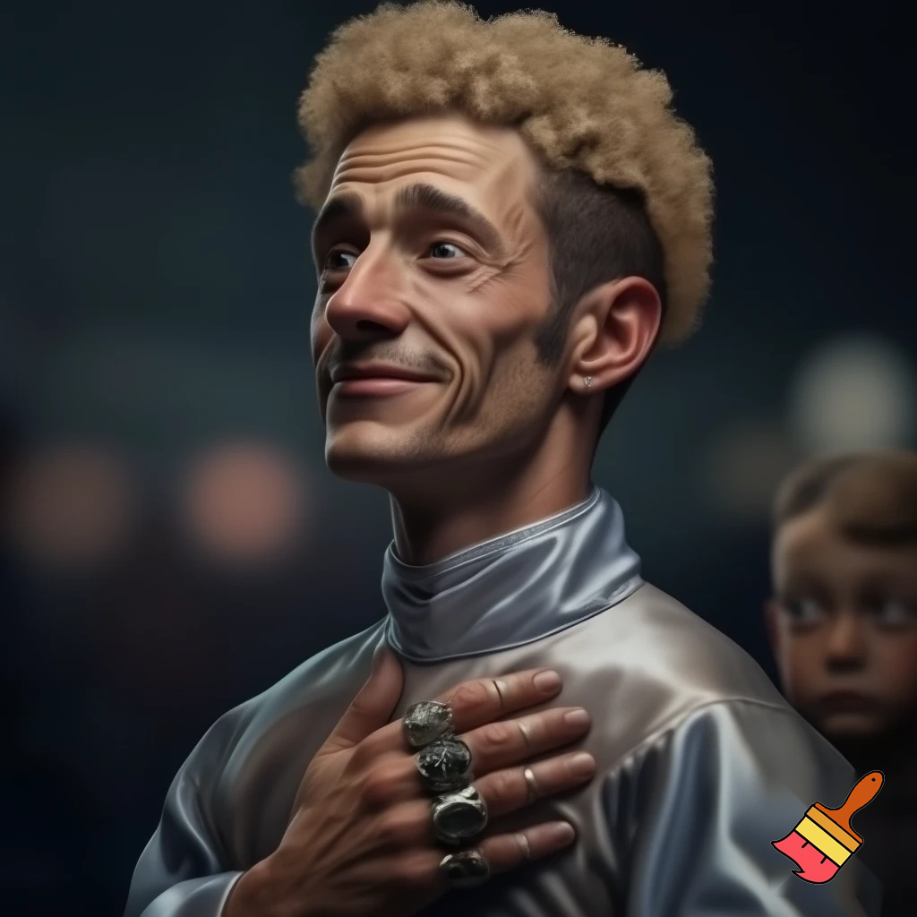 crer un image : deboutFillino et un frele jeune homme cheveux friser. Il est adult est petit. trois bague son sur ces doigt. Celebre jockey du phoenix. très acclamer. Il se gonfle de fierter devant la reaction des fan. Il a jamais quitter la ligne de depart. fillino pleure. il fais des course d'escargot. style realiste
