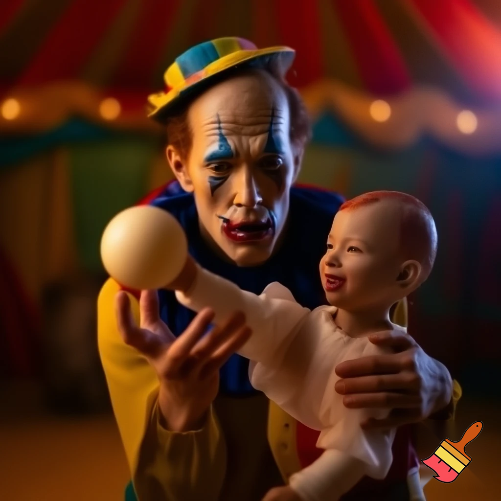 I want a picture of a circus clown with his face clearly visible, showing all the details. He should be looking sad, wearing a circus hat, and standing. In front of him is a child giving him a small circus ball, and the child is happy. The child looks at the clown's face.The clown and the child should be depicted with all the details of their bodies, including their hands and feet. I want it to be realistic, not a cartoon 