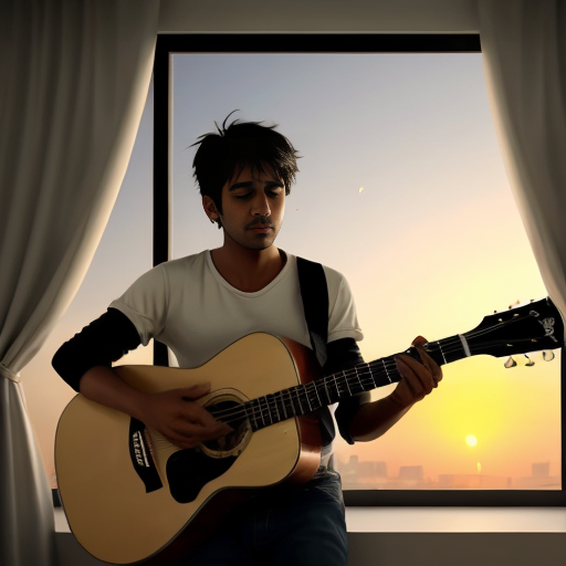 “Anime cinematic realism in Makoto Shinkai style, glowing warm sunlight falling through window, emotional Indian male standing near a window holding a guitar, eyes closed, feeling incomplete and lost in love, soft breeze moving curtains, vibrant colors with golden hour lighting, realistic reflections, subtle light particles in air, background showing a dreamy Indian rooftop skyline, gentle lens flare, high-detail illustration, cinematic composition for YouTube thumbnail — for song titled ‘Tohre Bina Adhura Lagela – Reprise Version | Bhojpuri Soul Song 2025 | Male Acoustic Version | Vishal Sah Song’.”