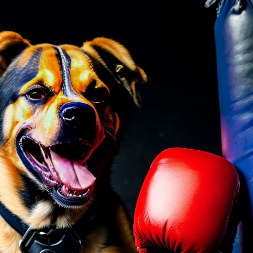 deadly dog ,sharp teeth, blood dripping , face tats, nose ring ,navy bluey prisoner fit mug shot boxing gloves