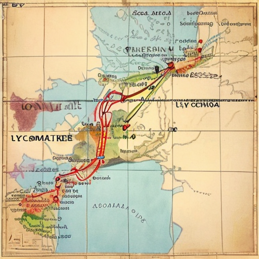 Draw me a map starting from London then Paris then the Swiss Alps then Rome then Lyceum, Greece. Draw a red line connecting them.