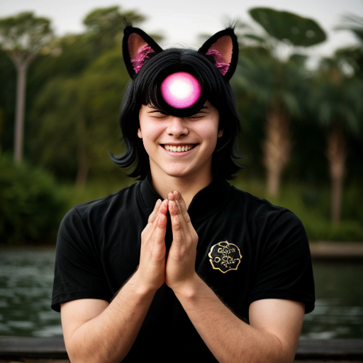Мальчик подросток сидит в позе лотоса, с черными волосами, большими черными кошачьими ушами и хвостом, руки распододил на уровне груди ладони параллельно друг другу, а между руками магическая сфера сверкающая как космос. Один глаз у мальчика котенка янтарный, а второй голубой. На лице улыбка восторга как у ребенка что увидел конфету.