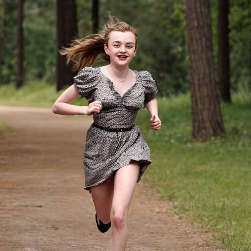 Dakota Fanning, young actress, her dress is torn, she is running through a wood, her breast is exposed, her sister Elle Fanning is running with her