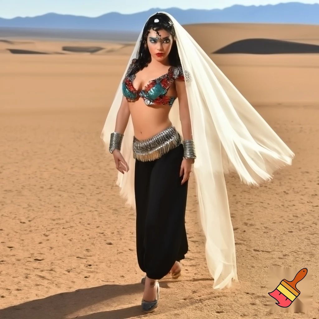 Attractive Moroccan woman wearing a headpiece with a small crescent moon charm, a veil, ornate cuffs, a bejeweled bra, a coin belt, harem pants and ballroom dance shoes in California 