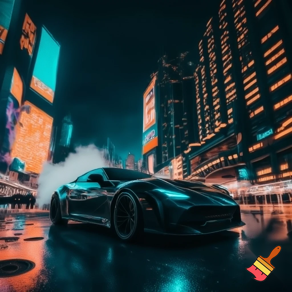 car in a neon city