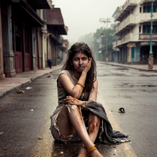 Realistic young Indian girl sitting alone on street, old torn dress, messy hair, tears on her face, empty street, soft overcast cinematic lighting, realistic Disney fantasy style, emotional, human features, character-locked, soft golden light, subtle magical atmosphere”